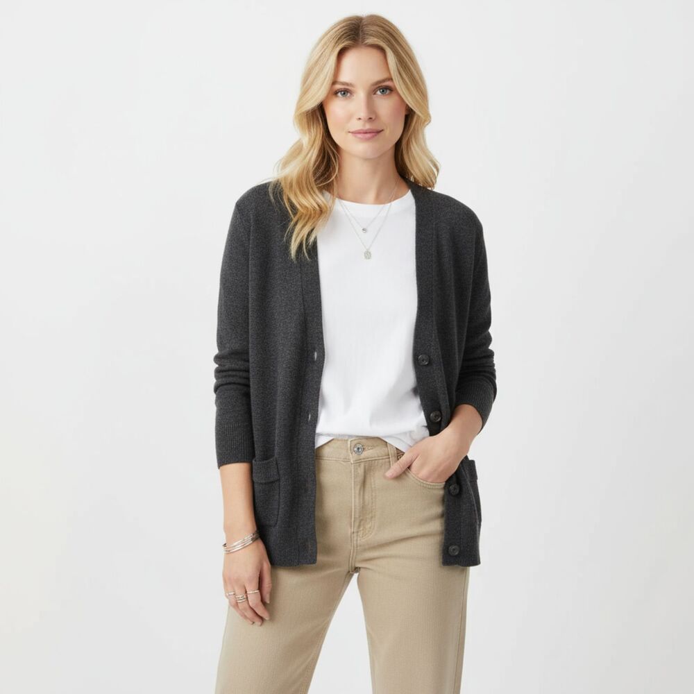 J Crew Wool Blend Dark Gray Button Up Long Sleeve Fitted Cardigan Sweater